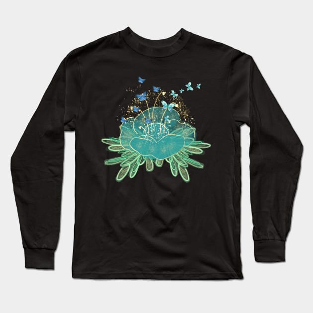 Beautiful Teal Blue Flower and Butterflies Aesthetic Long Sleeve T-Shirt by BellaPixel